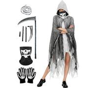 Atsmoce Disfraz de Parca para Adulto, Disfraz Muerte Halloween, Conjunto de Grim Reaper, con máscara, guantes, cadenas, hoz, talla única, unisex (A)