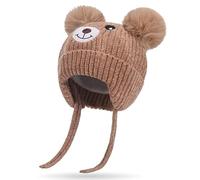 Atsmoce® Gorros de Otoño e Invierno para Bebé Gorro de Punto con Forro Polar Gorro Cálido con Orejeras y Cintas Apto para niños de 3 Meses a 5 años (Caqui)