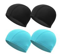 ATSNOSH 4 Piezas Gorro de Natación para Hombres y Mujeres, Gorro de Natación de Tejido, Gorros Elásticos de Natación, Cómodo Gorros Ligeros de Baño, Talla Unica (Negro + Azul)
