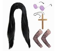 ATSNOSH Juego de 4 accesorios de Prince of Darkness para adultos, juego de accesorios de disfraz de estrella de rock, peluca larga negra, gafas circulares moradas, cruz dorada, mangas de tatuaje