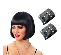 ATSNOSH Peluca Corta Recta Bob, Guantes sin Dedos con Tachuelas, Negro Peluca Corta Recta Bob con Flequillo para Mujer, Cabaret Charleston Pelucas, para Halloween Carnaval Disfraces Fiesta (Negro)