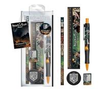 Attack on Titan - Juego de papelería de 5 piezas con bolígrafo, lápiz, regla, sacapuntas y borrador, juego de papelería para niñas, niños, hombres y mujeres, producto oficial