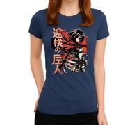 Attack on Titan Motiv - Eren, Mikasa, Armin & epische Titanen-Kelempfen für Fans von Shingeki no Kyojin Style XXVII Damen T-Shirt, azul marino, M