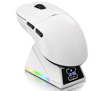 ATTACK SHARK Ajazz AJ159APEX PAW3950 Ratón Gaming, 42K dpi, 8K Hz Wireless Polling, Base de Carga Magnética RGB con Pantalla a Color, 56g Ultraligero Mouse, Cableado/2,4G/BT, PC/PS/Mac, Blanco