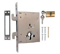 ATTAS Cerradura de gancho doble 60 mm para puertas correderas - Cerradura de gancho superior e inferior, 140 x 110 mm, tamaño de montaje para exterior interior, incluye cilindro y material de montaje