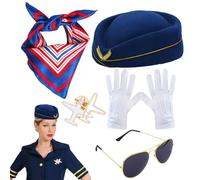 Attendant Costume Accessories Set | Beret Hat 56-58cm Silk Scarf 50x50cm Brooch Sunglasses Gloves Airplane Badge Masquerade Party Supplies for Women Men