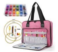ATTERET Kit de inicio de bordado y punto de cruz de gama completa con bolsa organizadora de almacenamiento premium, incluye 99 hilos de algodón codificados por DMC, 9 hilos metálicos, 3 aros, agujas,