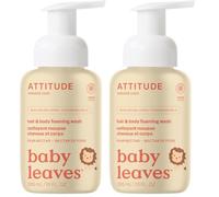 ATTITUDE 2 en 1 Hair and Body Foaming Baby Wash, champú verificado por la CEE, dermatológicamente probado, fabricado con ingredientes derivados naturales, vegano, néctar pera, 10 onzas (Paquete de 2)