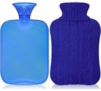 Attmu - Bolsa de agua caliente clásica, en goma, 2 litros, transparente con cubierta de punto de color azul