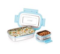 ATTRO Click Eat Junior - Lonchera de acero inoxidable con 1 caja pequeña, hermética, a prueba de derrames, sin BPA, ideal para oficina, escuela, picnic, 650 ml + 140 ml, azul cielo