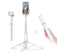 ATUMTEK 160cm Trípode Palo Selfie, Selfie Stick con Remoto para iPhone, Teléfonos Android y Cámaras de Acción, Soporte de Trípode para Teléfono de Aluminio con 2 Zapata Fría para Luz y Mic, Blanco