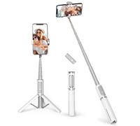 ATUMTEK Palo Selfie Trípode, Trípode Móvil 3 en 1 Extensible de Aluminio con Mando a Distancia Bluetooth Inalámbrico, Compatible con iPhone 17/16/15/14/13/12 mini/11 Pro y Smartphones Samsung, Blanco