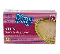 Atún en Aceite de Girasol " Kay" OL-120. Peso Neto 111 gr. Sin conservantes ni colorantes. Estuchado, fácil apertura. Pack de 24 unidades.