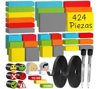 ATWAM 424 Tiras Magnéticas Reescribibles - Set Mega de Accesorios - 5 Tamaños Diferentes - 6 Colores - Imán Reescribible - Scrum & Kanban - para Pizarras Magnéticas, Neveras