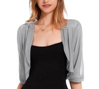 Atxnn Bolero Mujer Verano Cardigan de Manga 3/4 Elegante Chaqueta para Fiesta Vestidos Toreras Ligero y Elastico Frente Abierto, Gris M