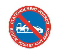 AUA SIGNALETIQUE - Panneau Stationnement Interdit, Sortie Jour et Nuit 24h/24 - Ø 450 mm, Vinyl Adhésif