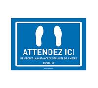AUA SIGNALETIQUE - Signalisation au Sol Empreintes Attendez Ici - Autocollant laminé - Bleu - 600x420 mm