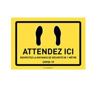 AUA SIGNALETIQUE - Signalisation au Sol Empreintes Attendez Ici - Autocollant laminé - Jaune - 600x420 mm