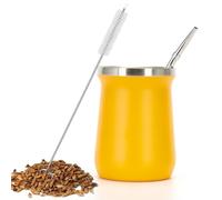 Auaozo Taza de acero inoxidable de doble pared para yerba mate, 260 ml, juego de té mate con taza de calabaza y pajita de bombilla y cepillo (amarillo)