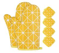 AUAUY 1 Par Manoplas Horno, Algodón Antideslizante Cotton Guantes Cocina, Oven Gloves Resistente al Calor para Hornear Cocinar Barbacoa Microondas con 4 Manteles Aislados(Amarillo)