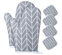 AUAUY 1 Par Manoplas Horno, Algodón Antideslizante Cotton Guantes Cocina, Oven Gloves Resistente al Calor para Hornear Cocinar Barbacoa Microondas con 4 Manteles Aislados(Gris)