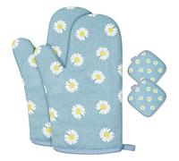 AUAUY 1 Par Manoplas Horno, Algodón Antideslizante Cotton Guantes Cocina, Oven Gloves Resistente al Calor para Hornear Cocinar Barbacoa Microondas con 2 Manteles Aislados(Azul)