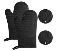 AUAUY 1 Par Negro Guantes para Horno, Silicona Resistente al Calor 446 °F Manoplas Horno Antideslizantes, Guantes Horno Cocina, Hornear Cocinar Barbacoa Microondas, 2 Manteles Individuales Aislantes
