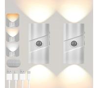 AUAUY 2Pcs Aplique Pared Interior Sensor Movimiento Recargable, 3 Color, Modos Encendido y Automático, 4 Niveles de Brillo, Aplique de Pared Arriba y Abajo para Sala de Pasillo, Estar, Dormitorio