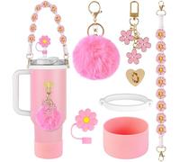 AUAUY 7PCS Juego de Accesorios para Vasos Stanley, Incluye Funda de Silicona, Correa de Asa Tejida Estilo Bohemio, Tapa con Pajita ara 40Oz y 30Oz Stanley Cup Accesorios, (Taza No Incluida, Rosa)