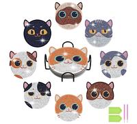 AUAUY 8 Posavasos Pintura Diamantes con Soporte, Manualidade, Patrón Gato | Posavasos Mandala para Bricolaje, Kits Pintura de Diamantes, Suministros de Manualidades para Principiantes, Adultos y Niños