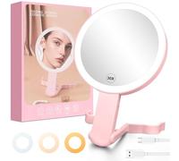 AUAUY Espejo Maquillaje con Luz, Aumento 30X/1X, Espejo Espelho Maquilhagem Portátil, 3 Modos de Colores y Brillo Ajustable, Colgar Pared de Mesa Mano Portátil, para Dormitorio, Tocador, Viajes - Rosa