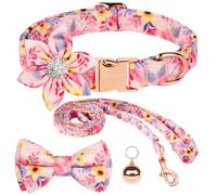 AUAUY Juego de Collar Y Correa para Perro, Ajustable Collar para Mascotas Grabado con Patrón Floral, Hebilla de Oro Fuerte Corbatín y Campana Pequeña para Perros Pequeños, Medianos Y Grandes (Rosa S)
