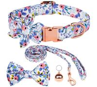 AUAUY Juego de Collar Y Correa para Perro, Ajustable Collar para Mascotas Grabado con Patrón Floral, Hebilla de Oro Fuerte Corbatín y Campana Pequeña para Perros Pequeños, Medianos Y Grandes (Azul L)