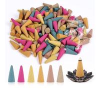 AUAUY Kit de Conos de Incienso, 120 Conos de Incienso Fresco con 1 Soporte, 6 Aromas Naturales: Rosa, Jazmín, Osmanto, Océano, Sándalo y Artemisa para Meditación, Yoga, Relajación