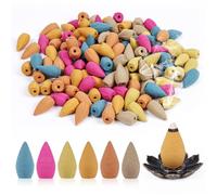 AUAUY Kit de Conos de Incienso de Reflujo, 120 Conos de Incienso Fresco con 1 Soporte, 6 Aromas Naturales: Rosa, Jazmín, Osmanto, Océano, Sándalo y Artemisa para Meditación, Yoga, Relajación