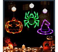 AUAUY Luces de decoración de Halloween, paquete de 3 unidades, naranja, calabaza, verde, araña, morado, sombrero de bruja con ventosa, funciona con pilas para decoración de fiestas en interiores y