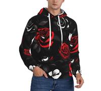 Aubnva Sudadera ligera con capucha para hombre, con estampado de rosas negras, blancas y rojas, para invierno, otoño, primavera, uso casual para el hogar, Negro, 3XL