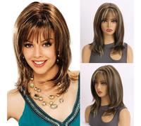 AUBWIG Peluca de pelo medio largo mixto mixto rubio claro para mujer peluca recta natural sintética esponjosa con flequillo de pelo para uso diario de mujer (marrón mixto rubio claro)