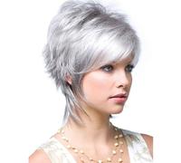 AUBWIG Pelucas largas y suaves peludas en capas para mujeres Peluca peluda natural en capas hasta los hombros con flequillo Peluca sintética (gris plateado)