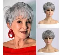 AUBWIG Silver Gray Pelucas cortas de corte pixie en capas peludas con flequillo Pelucas sintéticas de pelo corto sintéticas esponjosas naturales rectas y esponjosas resistentes al calor para mujeres
