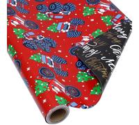 AUCLAY Rollo de papel de regalo reversible de Navidad para niños, hombres, mujeres y bebés, camión de Papá Noel rojo y estrellas de letras de Feliz Navidad en negro, papel de regalo para fiestas de