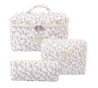 Aucuu 3PC Bolsa de Maquillaje de Algodón, Bolsa de Cosméticos Floral, Bolsa de Cosméticos de Viaje, para Viajar Trabajo Diario-Flor de Pavo Real Morada