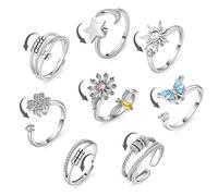 Aucuu 8PCS Anillos Antiansiedad Mujer, Apertura Ajustable, Anillos Giratorios para Inquietos, Anillos de Flores de Circonita Cúbica, Juego de Anillos Giratorios para Mujeres y Niñas, Alivio del Estrés