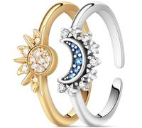 Aucuu Anillos Mujer Brillante Sol y Luna, Chapado en Oro/Plata de 14 Quilates, Ajustable, Superpuesto con Sol y Luna Celestial, Engaste de Diamantes