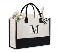 Aucuu Bolso De Playa, Grande Impermeable Con Cremallera Bolso De Hombro, Bolsa De Playa De Lona Inicial Personalizada, Bolsa De Asas De Regalo Monogramada Para Las Mujeres-Letra M