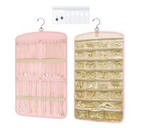 Aucuu Organizador de Joyas Colgante de Doble Cara, Organizador Bisuteria Colgante Soporte con Gancho de Metal, Almacenamiento de Cadenas para Colgar Pendientes, Collares, Anillo, 60 * 36cm, Rosa