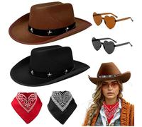 Audasi Juego De Disfraz De Vaquero Occidental, 6 Pack Negro Y Marrón Sombreros De Vaquero Con Estrellas Gafas De Con Bandanas Rojas Negras Vestir De Fantasía Occidental Para Cosplay Festa De Halloween