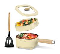 Audecook - Olla caliente eléctrica de 2 l, esmalte cermico antiadherente olla de 8 pulgadas, cocina portátil de viaje para ramen/filete, arroz frito, avena, sopa, con control de energía dual (espátula