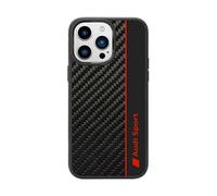 Audi Sport Funda iPhone 14 Pro - Funda Protectora Que Absorbe los Golpes, Material de Fibra de Carbono - Diseñada con Recortes precisos para la cámara, Puertos y Botones - Negra con Detalles Rojos