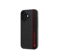 Audi Funda deportiva compatible con iPhone 16 - Funda con absorción de golpes con carbono - con recortes precisos para cámara, puertos y botones - Negro con detalles rojos